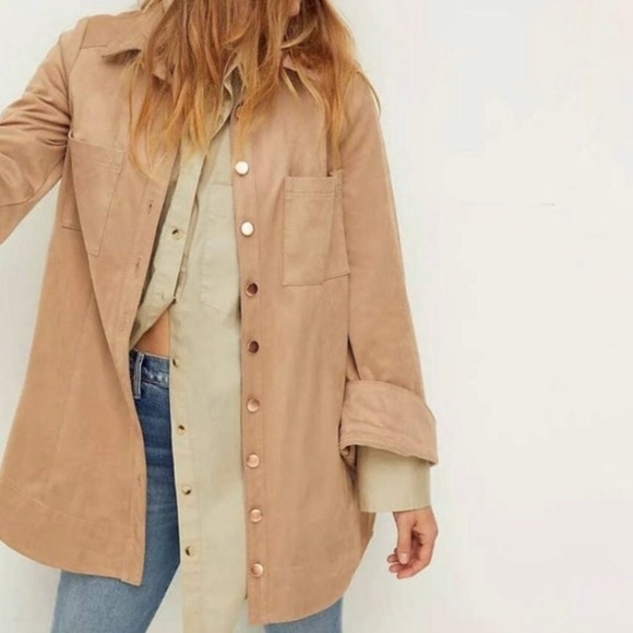 Free People Jackets & Blazers - Free People Ari Faux Suede Shirt Jacket Size M Tan Rose Gold Buttons Boho Top